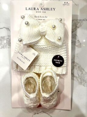 Laura Ashley Knit Baby Girl Ivory Hat with Pearls & Booties 2 Piece Set  0-6 M